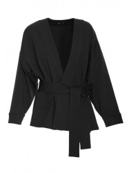 B297 Collarless knit open front blazer - black