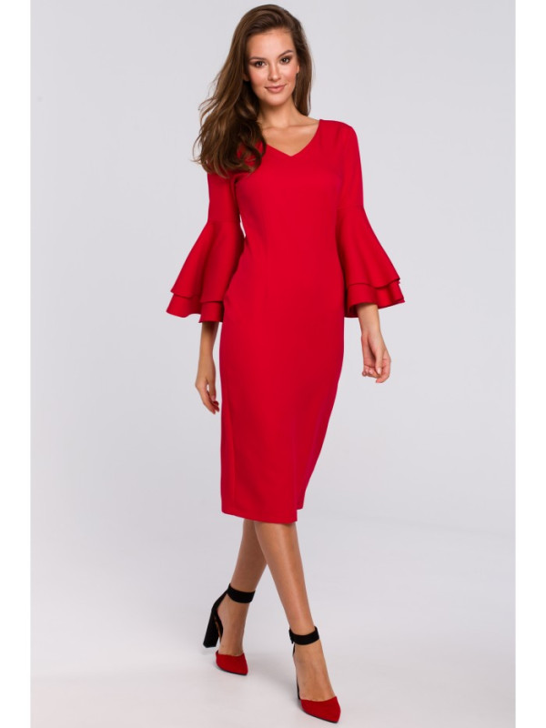K002 Sheath dress with ruffled sleeves - red