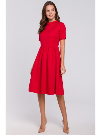 K028 Rolled neck fit and flare dress - red
