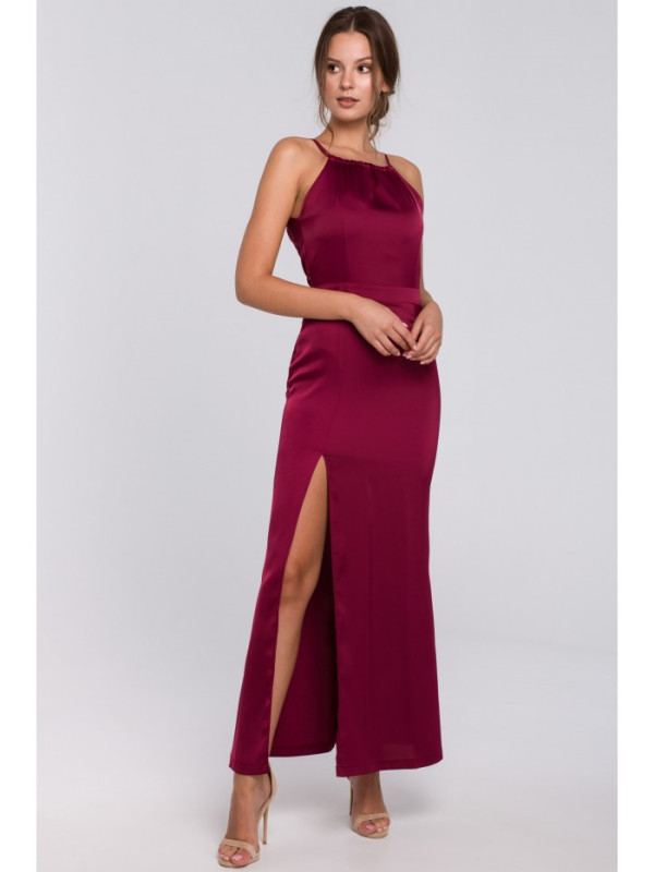 K042 Maxi dress with tied neckline - maroon