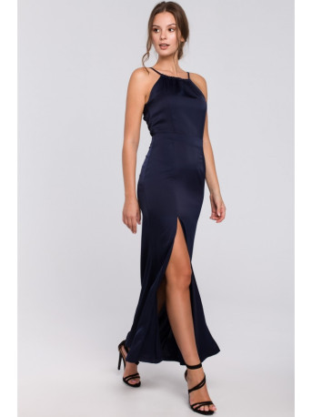 K042 Maxi dress with tied neckline - navy blue