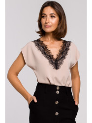 S206 Sleeveless top with lace neckline - beige