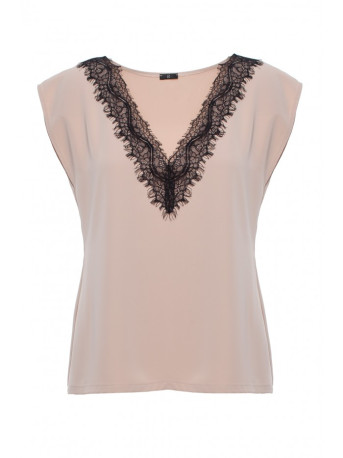 S206 Sleeveless top with lace neckline - beige
